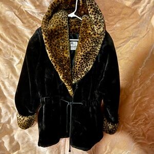 Leopard Trim Black Faux Fur Jacket